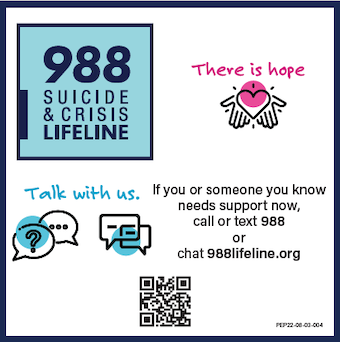 Simply calling or texting 988 or typing 988Lifeline.org will connect you to compassionate care & support for mental health-related distress. 