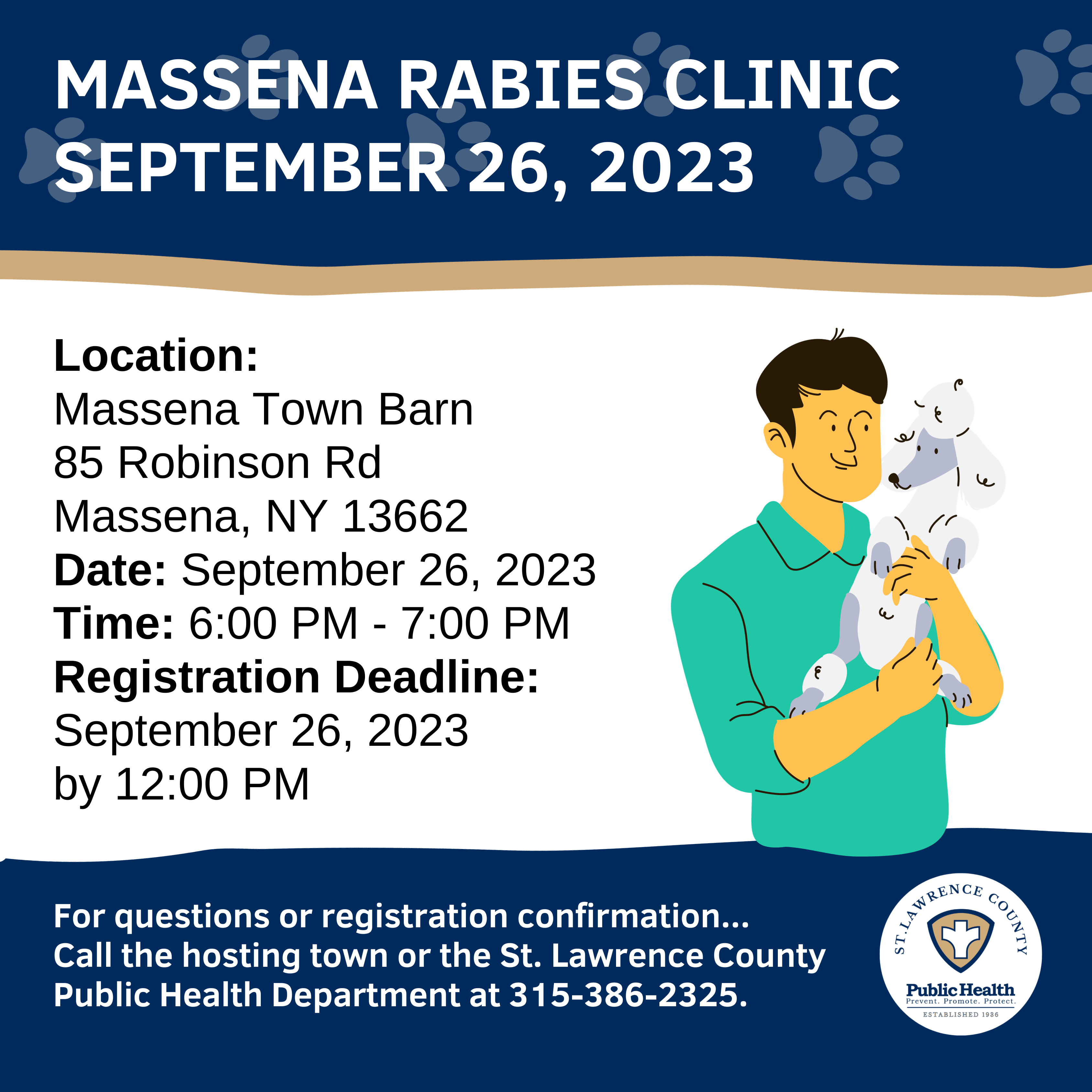Massena Rabies clinic graphic with vet and dog